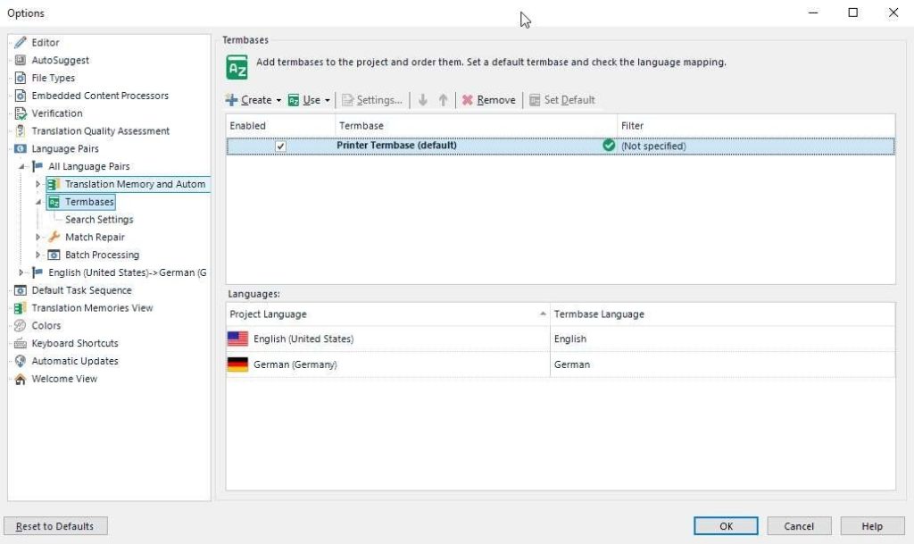 Default language pair settings on SDL Studio Trados 2019 3